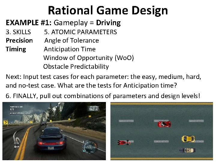 Rational Game Design EXAMPLE #1: Gameplay = Driving 3. SKILLS Precision Timing 5. ATOMIC