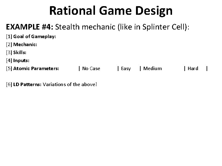 Rational Game Design EXAMPLE #4: Stealth mechanic (like in Splinter Cell): [1] Goal of