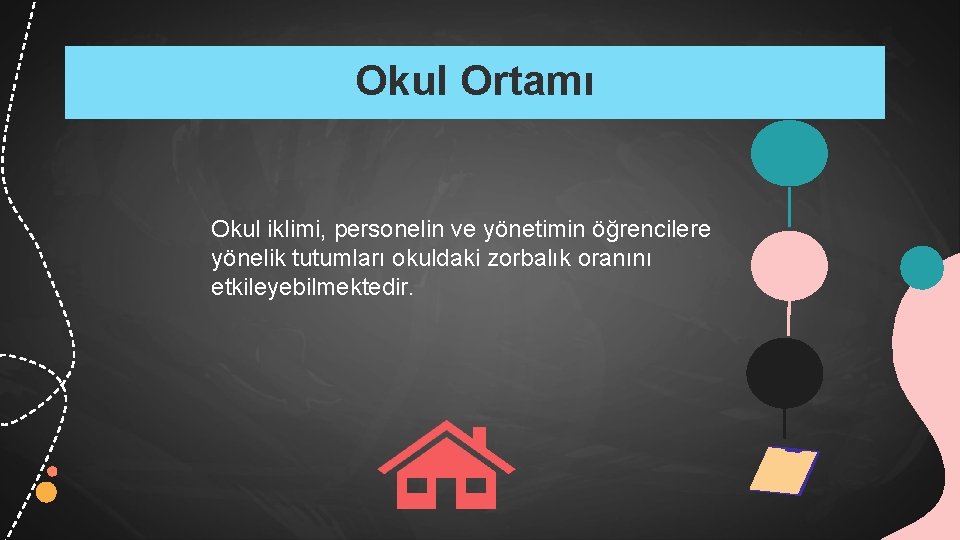 Okul Ortamı Okul iklimi, personelin ve yönetimin öğrencilere yönelik tutumları okuldaki zorbalık oranını etkileyebilmektedir.