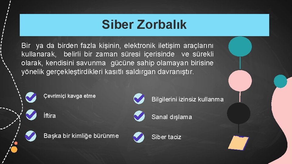 Siber Zorbalık Bir ya da birden fazla kişinin, elektronik iletişim araçlarını kullanarak, belirli bir