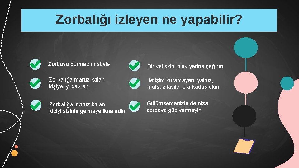 Zorbalığı izleyen ne yapabilir? Zorbaya durmasını söyle Bir yetişkini olay yerine çağırın Zorbalığa maruz