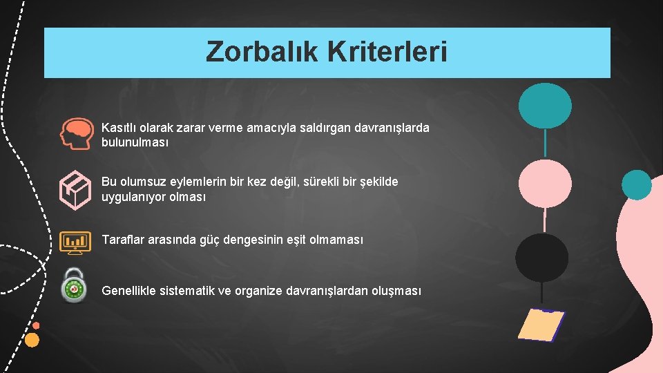 Zorbalık Kriterleri Kasıtlı olarak zarar verme amacıyla saldırgan davranışlarda bulunulması Bu olumsuz eylemlerin bir