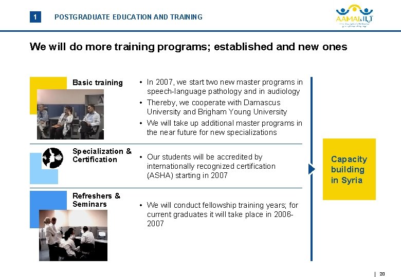 1 POSTGRADUATE EDUCATION AND TRAINING We will do more training programs; established and new