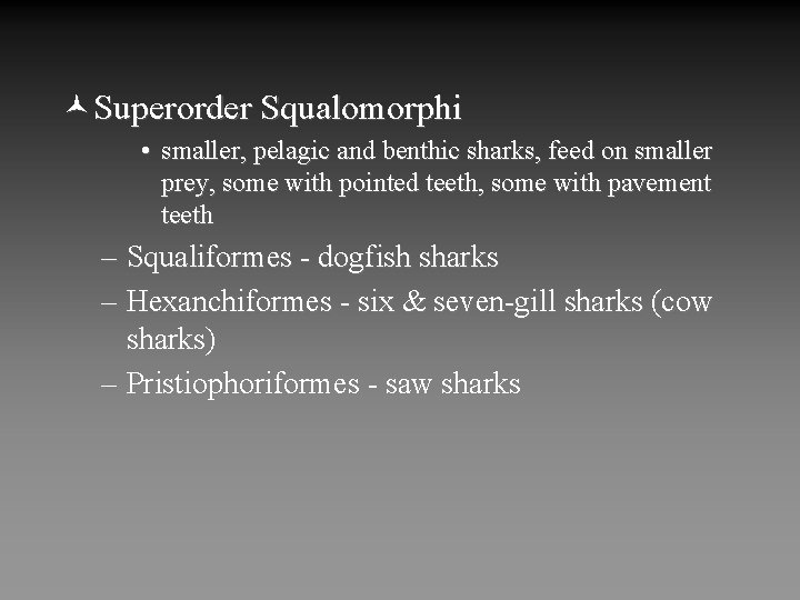 ©Superorder Squalomorphi • smaller, pelagic and benthic sharks, feed on smaller prey, some with