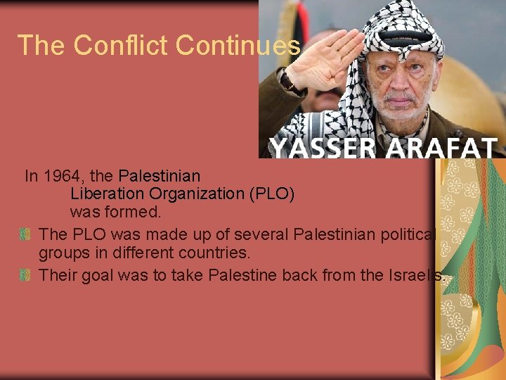 The Conflict Continues In 1964, the Palestinian Liberation Organization (PLO) was formed. The PLO