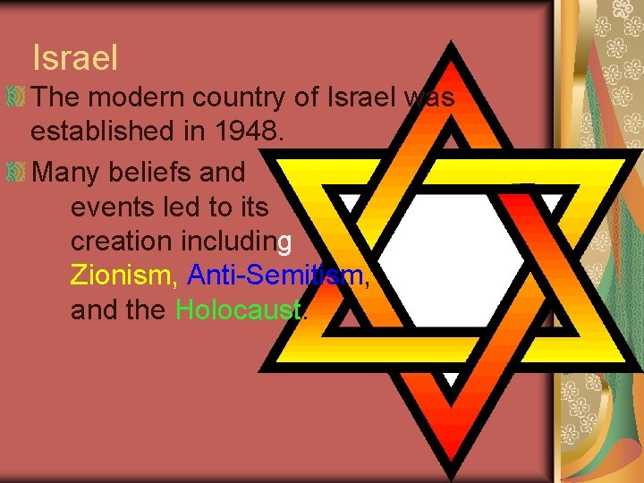 Israel The modern country of Israel was established in 1948. Many beliefs and events