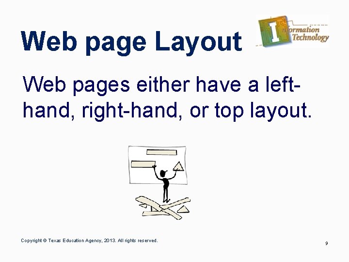 Web page Layout Web pages either have a lefthand, right-hand, or top layout. Copyright