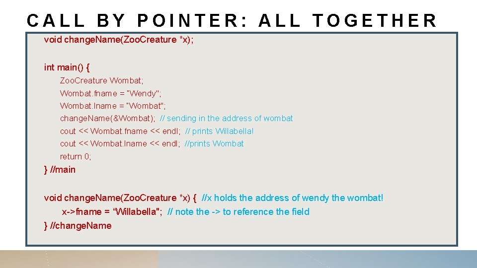CALL BY POINTER: ALL TOGETHER void change. Name(Zoo. Creature *x); int main() { Zoo.