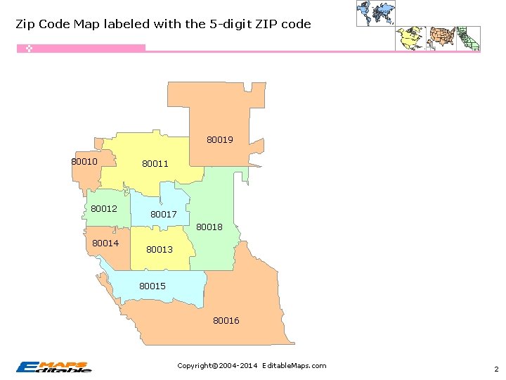 Zip Code Map labeled with the 5 -digit ZIP code 80019 80010 80012 80011