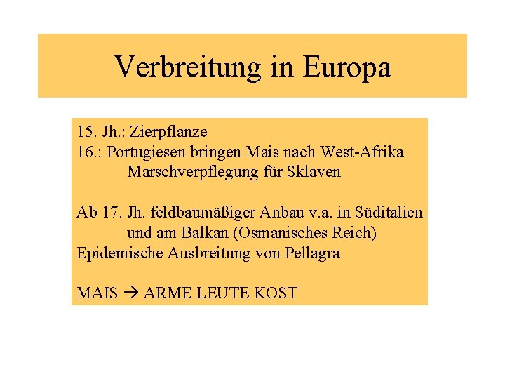 Verbreitung in Europa 15. Jh. : Zierpflanze 16. : Portugiesen bringen Mais nach West-Afrika