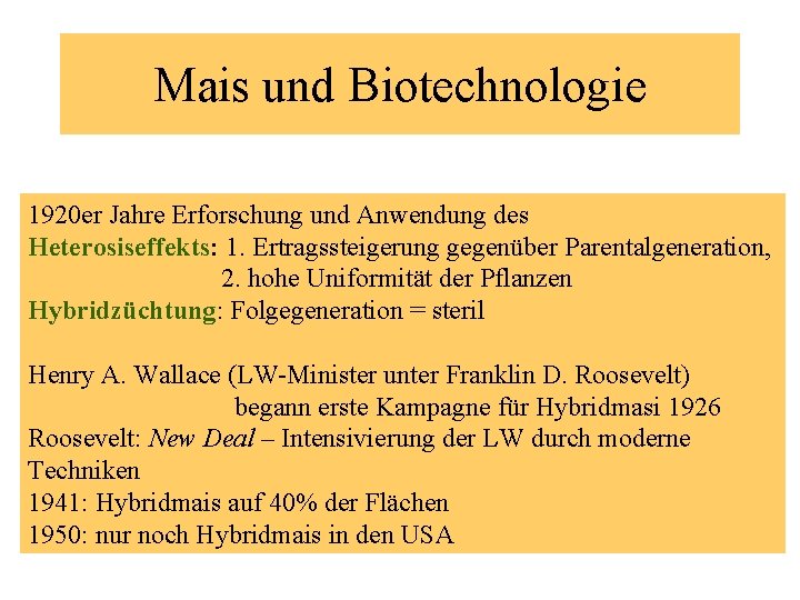 Mais und Biotechnologie 1920 er Jahre Erforschung und Anwendung des Heterosiseffekts: 1. Ertragssteigerung gegenüber