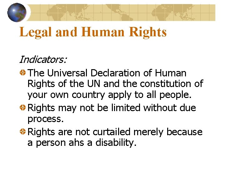 Legal and Human Rights Indicators: The Universal Declaration of Human Rights of the UN