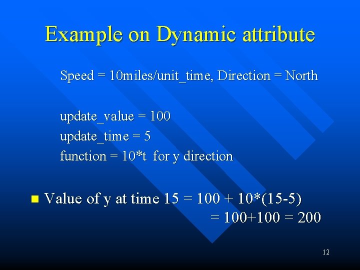 Example on Dynamic attribute Speed = 10 miles/unit_time, Direction = North update_value = 100