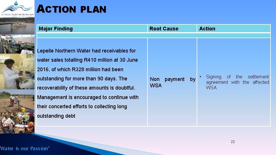 ACTION PLAN Major Finding Root Cause Action Lepelle Northern Water had receivables for water