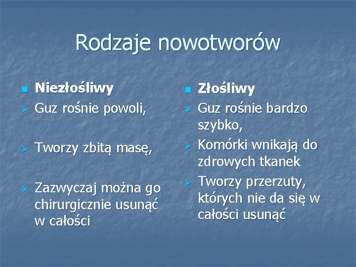 Rodzaje nowotworów Ø Niezłośliwy Guz rośnie powoli, Ø Tworzy zbitą masę, Ø Zazwyczaj można