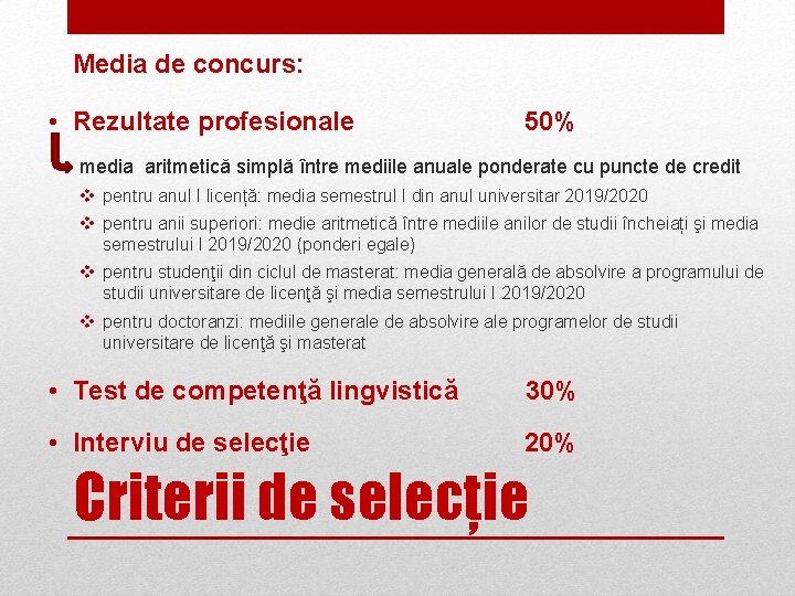 Media de concurs: • Rezultate profesionale 50% media aritmetică simplă între mediile anuale ponderate