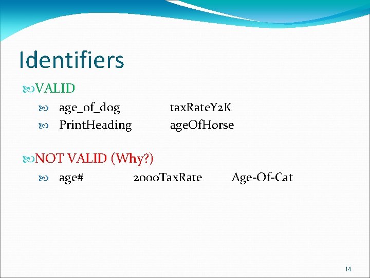 Identifiers VALID age_of_dog Print. Heading tax. Rate. Y 2 K age. Of. Horse NOT
