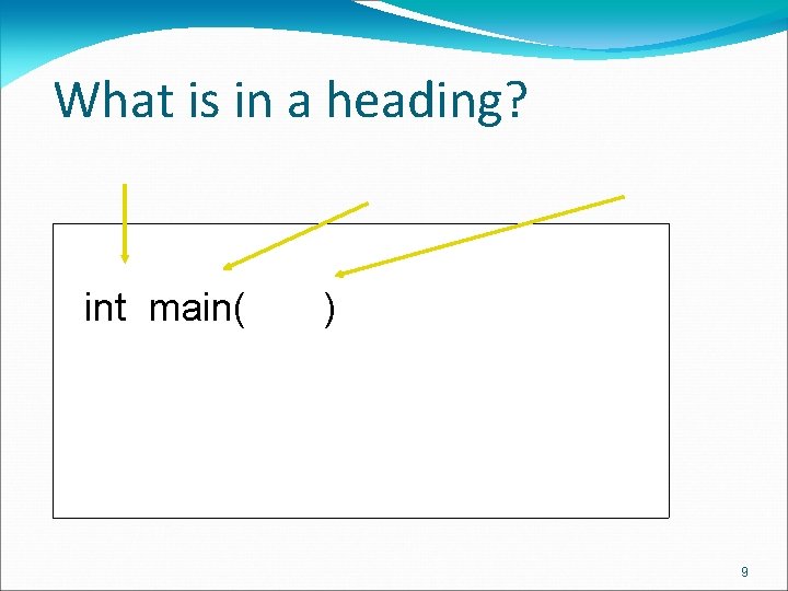 What is in a heading? int main( ) 9 