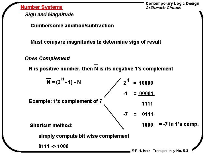 Contemporary Logic Design Arithmetic Circuits Number Systems Sign and Magnitude Cumbersome addition/subtraction Must compare