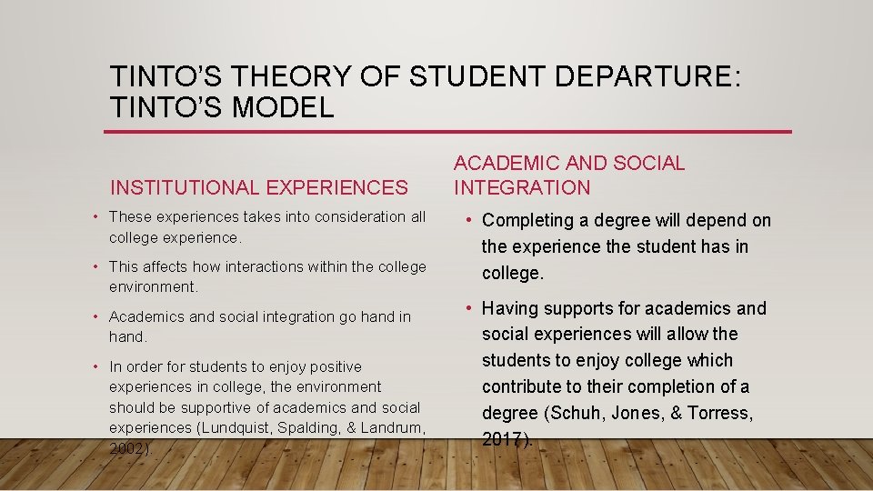 TINTO’S THEORY OF STUDENT DEPARTURE: TINTO’S MODEL INSTITUTIONAL EXPERIENCES • These experiences takes into