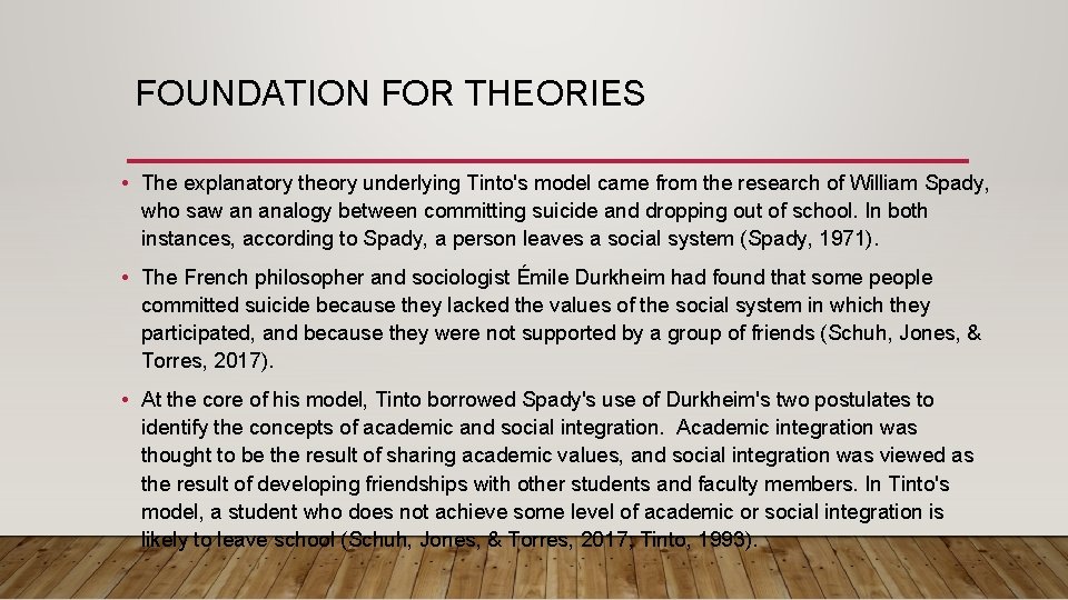 FOUNDATION FOR THEORIES • The explanatory theory underlying Tinto's model came from the research