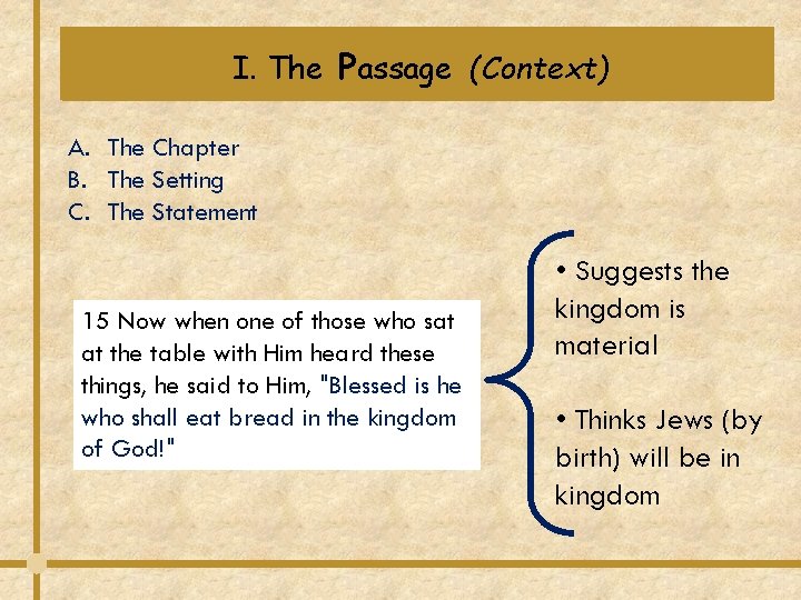I. The Passage (Context) A. The Chapter B. The Setting C. The Statement 15 I. The Passage (Context) A. The Chapter B. The Setting C. The Statement 15