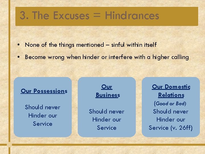 3. The Excuses = Hindrances • None of the things mentioned – sinful within 3. The Excuses = Hindrances • None of the things mentioned – sinful within