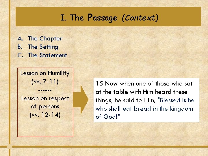 I. The Passage (Context) A. The Chapter B. The Setting C. The Statement Lesson I. The Passage (Context) A. The Chapter B. The Setting C. The Statement Lesson