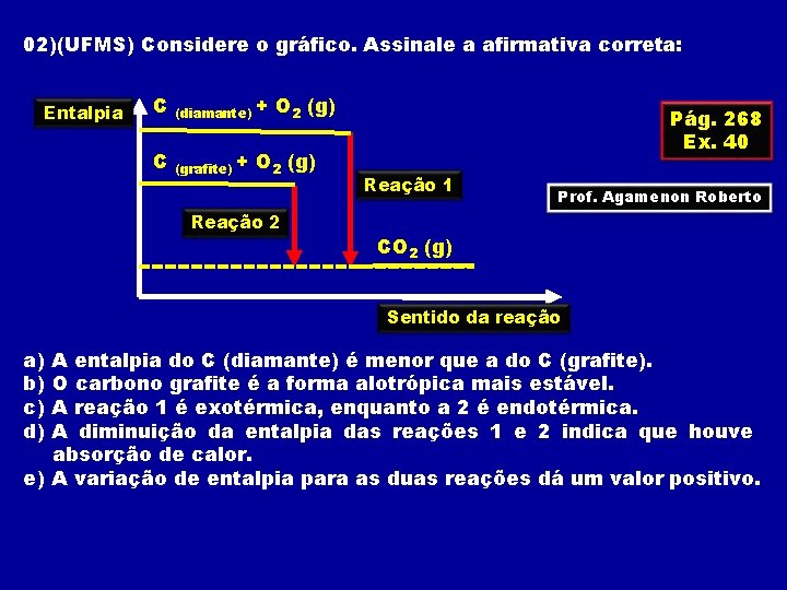 02)(UFMS) Considere o gráfico. Assinale a afirmativa correta: Entalpia C (diamante) C (grafite) +