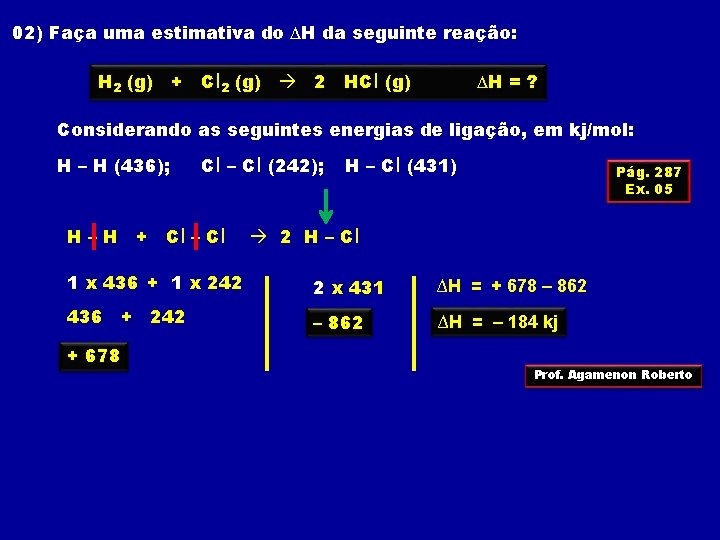 02) Faça uma estimativa do ∆H da seguinte reação: H 2 (g) + Cl