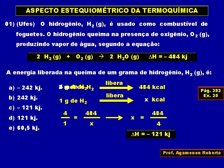 ASPECTO ESTEQUIOMÉTRICO DA TERMOQUÍMICA 01) (Ufes) O hidrogênio, H 2 (g), é usado combustível