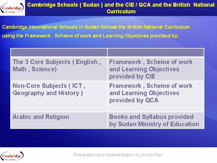 Cambridge Schools ( Sudan ) and the CIE / QCA and the British National