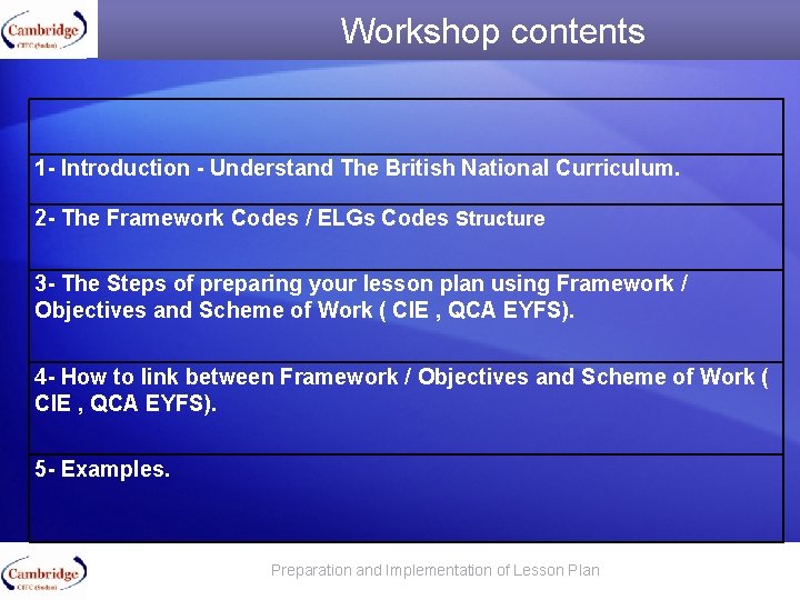 Workshop contents 1 - Introduction - Understand The British National Curriculum. 2 - The