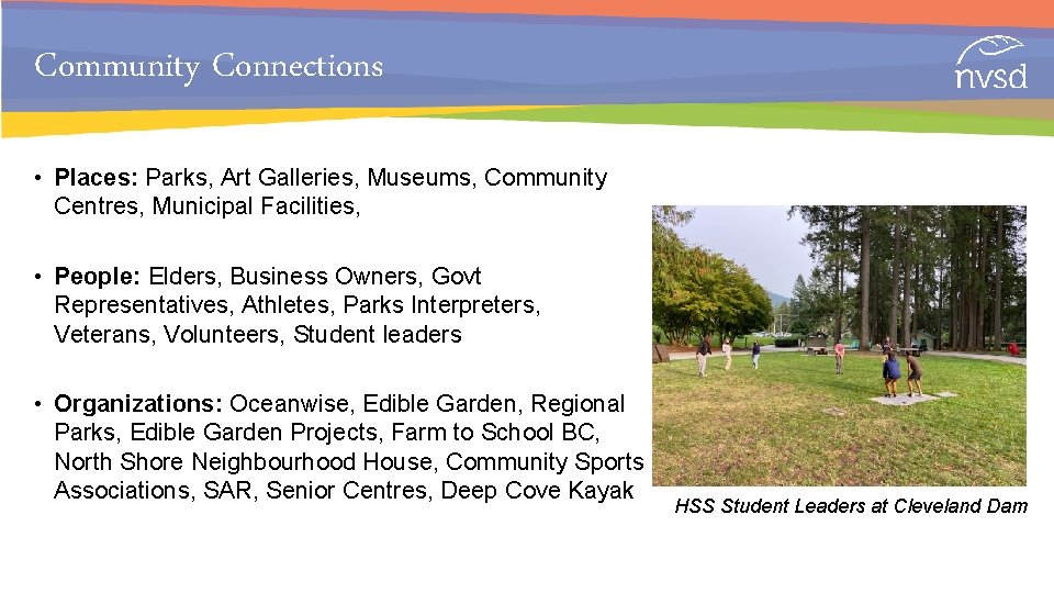 Community Connections • Places: Parks, Art Galleries, Museums, Community Centres, Municipal Facilities, • People: