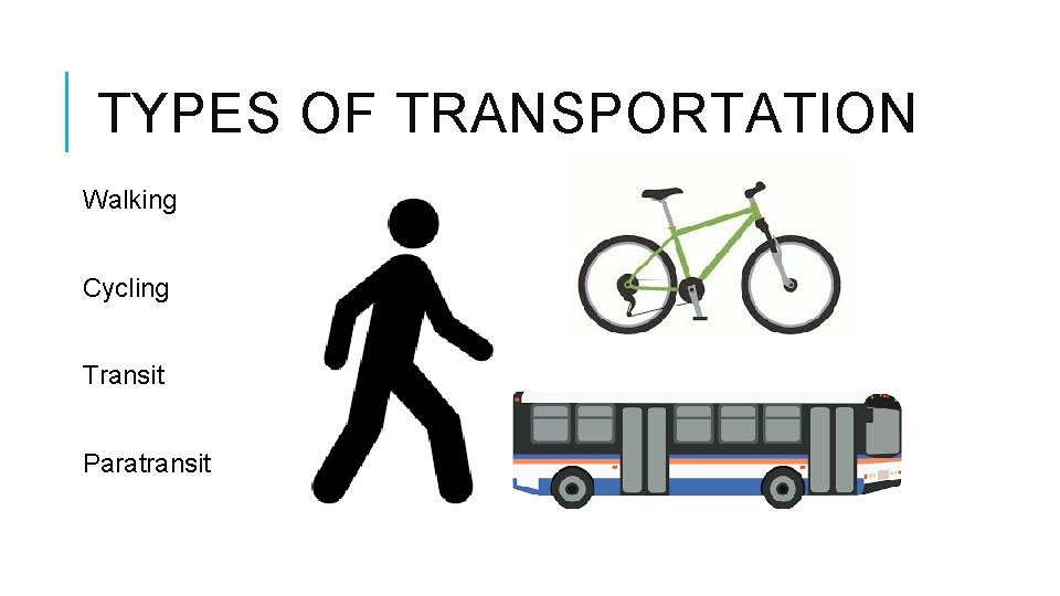 TYPES OF TRANSPORTATION Walking Cycling Transit Paratransit 