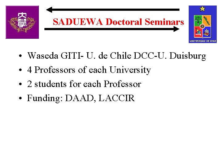 SADUEWA Doctoral Seminars • • Waseda GITI- U. de Chile DCC-U. Duisburg 4 Professors