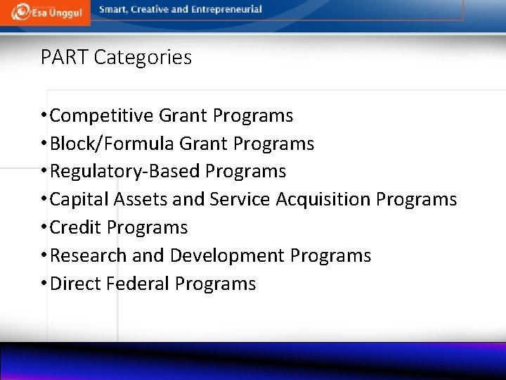 PART Categories • Competitive Grant Programs • Block/Formula Grant Programs • Regulatory-Based Programs •