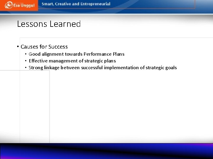 Lessons Learned • Causes for Success • Good alignment towards Performance Plans • Effective