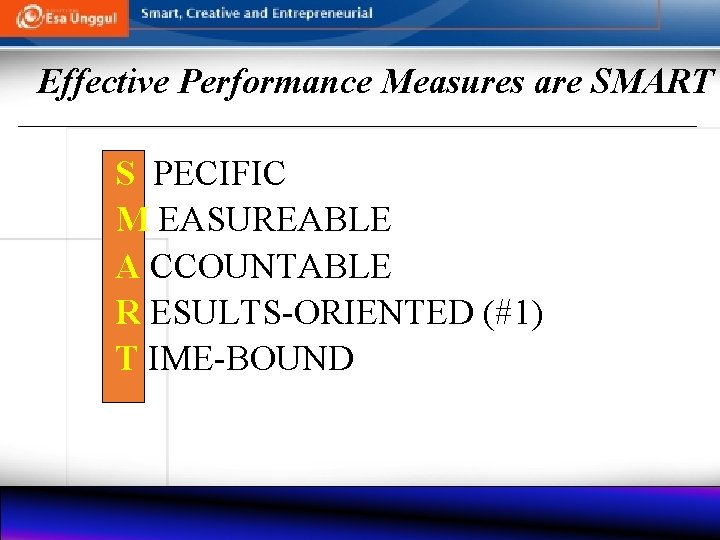 Effective Performance Measures are SMART S PECIFIC M EASUREABLE A CCOUNTABLE R ESULTS-ORIENTED (#1)