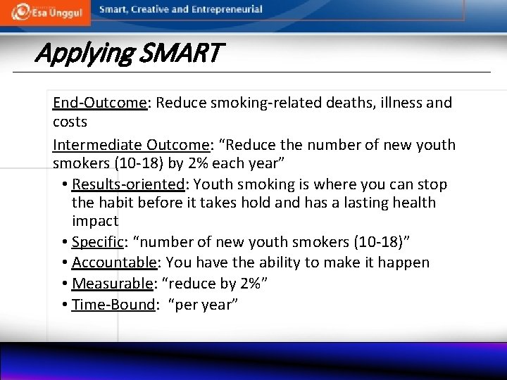 Applying SMART End-Outcome: Reduce smoking-related deaths, illness and costs Intermediate Outcome: “Reduce the number