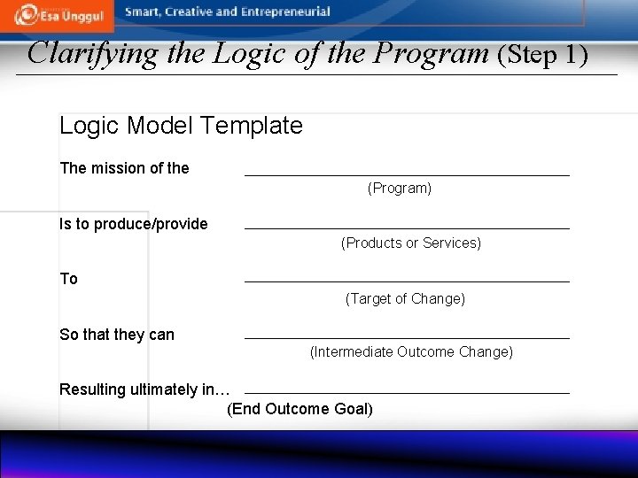 Clarifying the Logic of the Program (Step 1) Logic Model Template The mission of