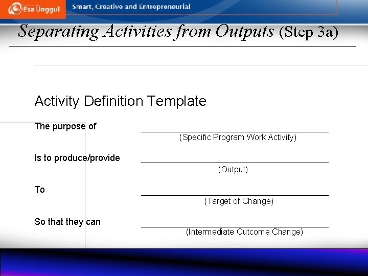 Separating Activities from Outputs (Step 3 a) Activity Definition Template The purpose of (Specific