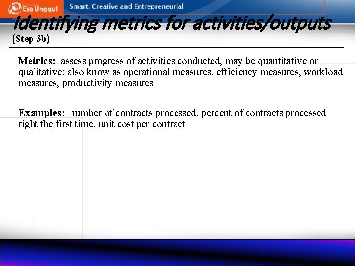 Identifying metrics for activities/outputs (Step 3 b) Metrics: assess progress of activities conducted, may