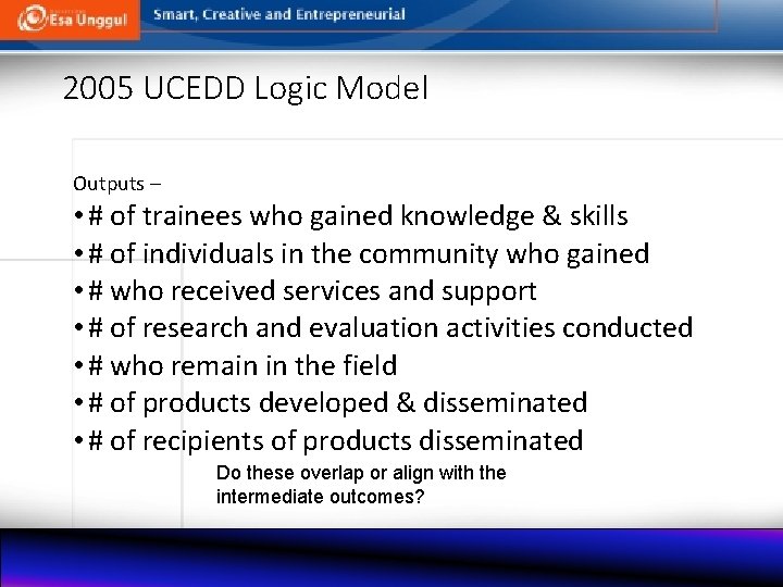 2005 UCEDD Logic Model Outputs – • # of trainees who gained knowledge &