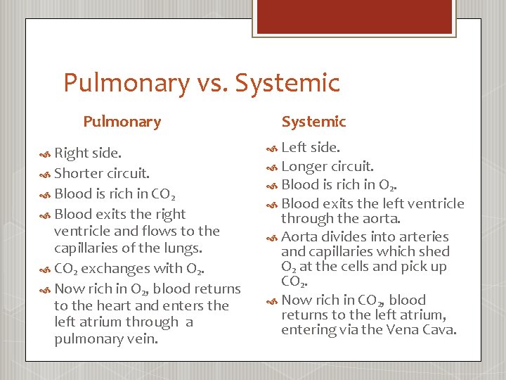 Pulmonary vs. Systemic Pulmonary Right side. Shorter circuit. Blood is rich in CO₂ Blood