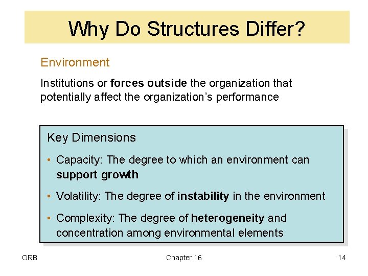 Why Do Structures Differ? Environment Institutions or forces outside the organization that potentially affect