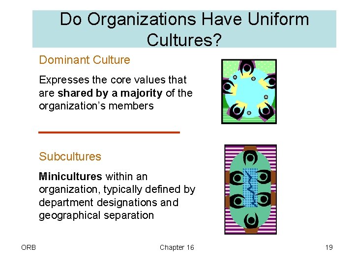 Do Organizations Have Uniform Cultures? Dominant Culture Expresses the core values that are shared