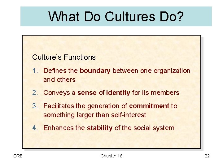 What Do Cultures Do? Culture’s Functions 1. Defines the boundary between one organization and