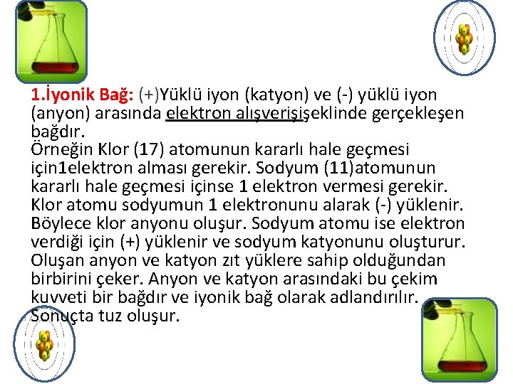 1. İyonik Bağ: (+)Yüklü iyon (katyon) ve (-) yüklü iyon (anyon) arasında elektron alışverişişeklinde