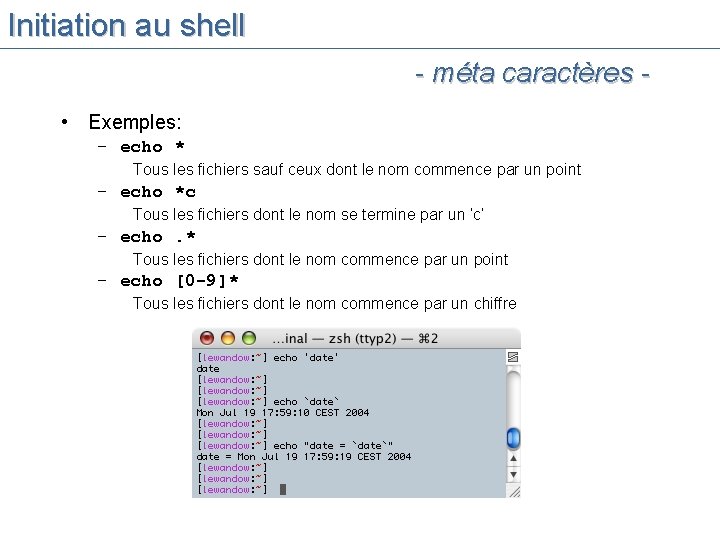 Initiation au shell - méta caractères • Exemples: – echo * Tous les fichiers